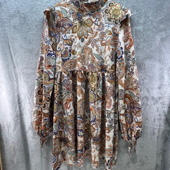 Unbranded Dresses & Skirts - Boho Paisley Mock Neck Mini Dress Long Balloon Sleeve Ruffle Shoulder Babydoll